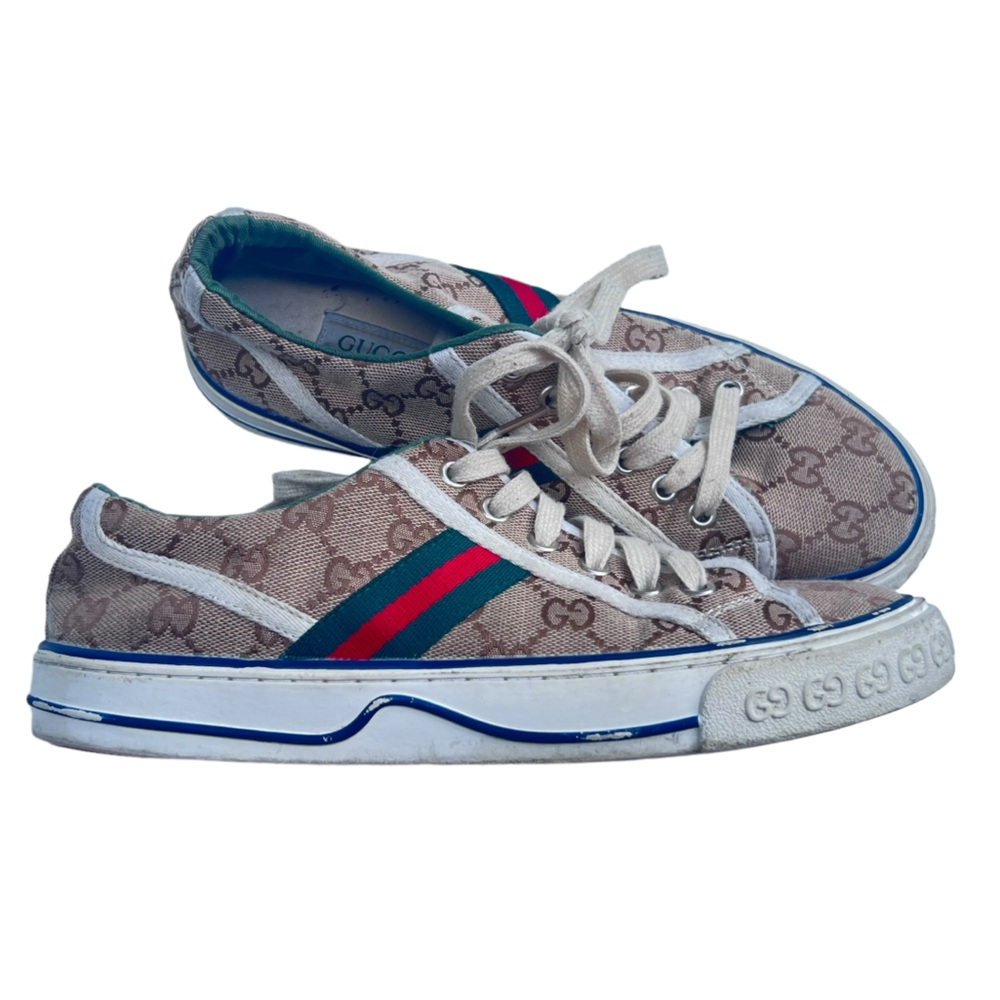 Gucci Brown Monogram Low-Top Sneakers with Red and Green Web - Picture 3 of 11